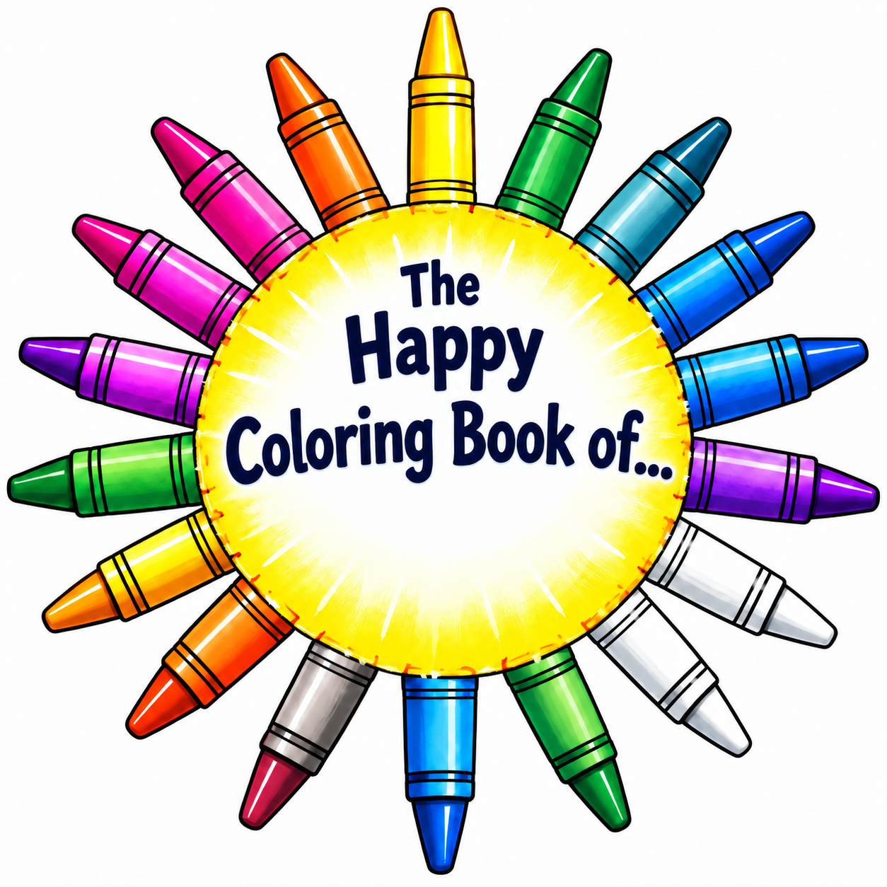 The Happy Coloring Book of… logo, surrounded by colorful crayons